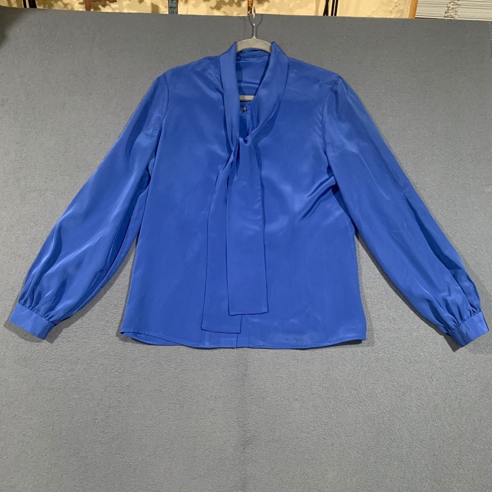 Vintage Royal Blue Satin Bow Tie Neck Blouse Long Sleeve Size 12‎ Secretary